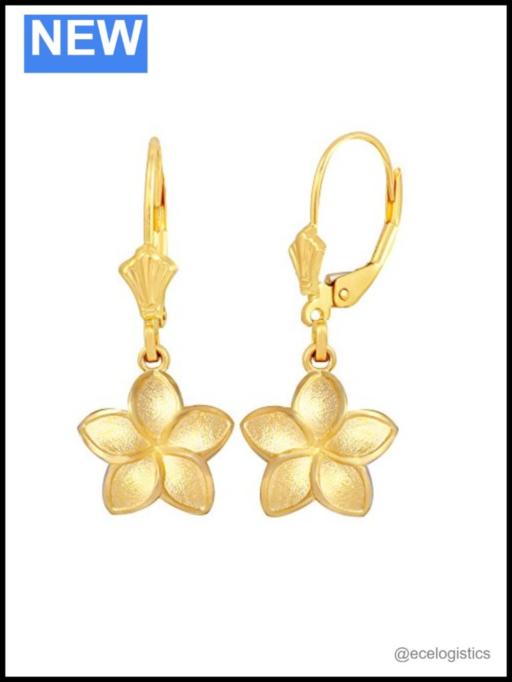 14k Yellow Gold Hawaiian Plumeria Dangle Earrings Small